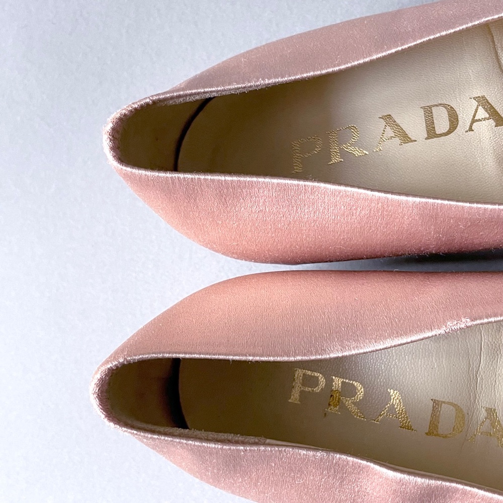 PRADA pink satin ballet flats w/ gold color buckle engraved with PRADA - Picture 14 of 14